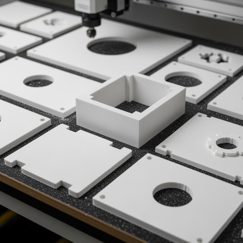 Immagine ravvicinata di un componente in schiuma di PVC complesso e di precisione lavorato a CNC per applicazioni aerospaziali o applicazioni marine , che mostra bordi lisci e contorni dettagliati.