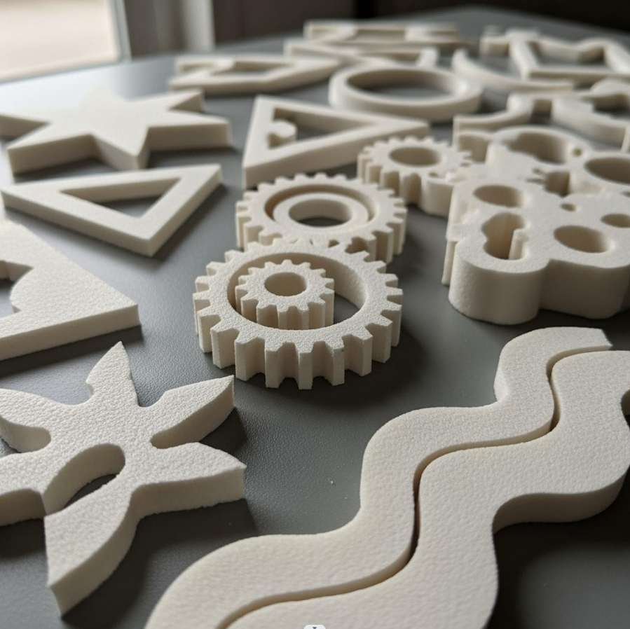 구조적 및 미적 응용 분야를 위해 설계된 맞춤형 각도와 곡선을 갖춘 다양한 고유한 모양과 윤곽이 있는 경질 PVC 폼 부품의 이미지.